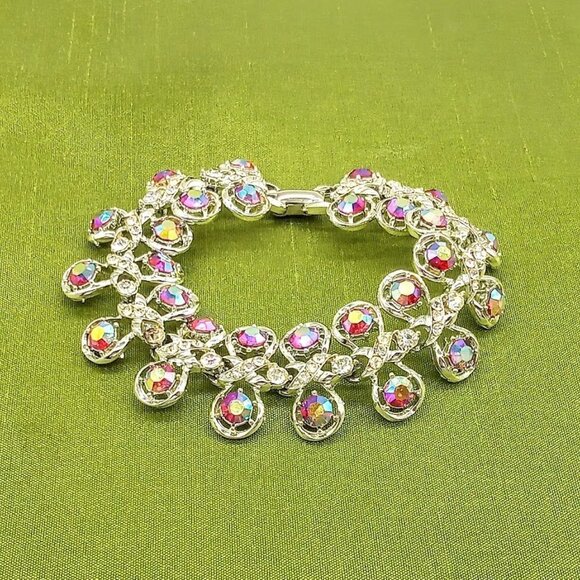 Aurora Borealis Rhinestone Link Silver Bracelet - Picture 3 of 5